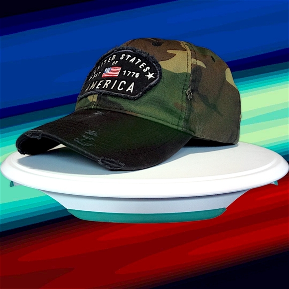 New Distressed Camouflage Denim Strap Back Dad Hat | Patriotic Patch | Unbranded - Picture 4 of 16